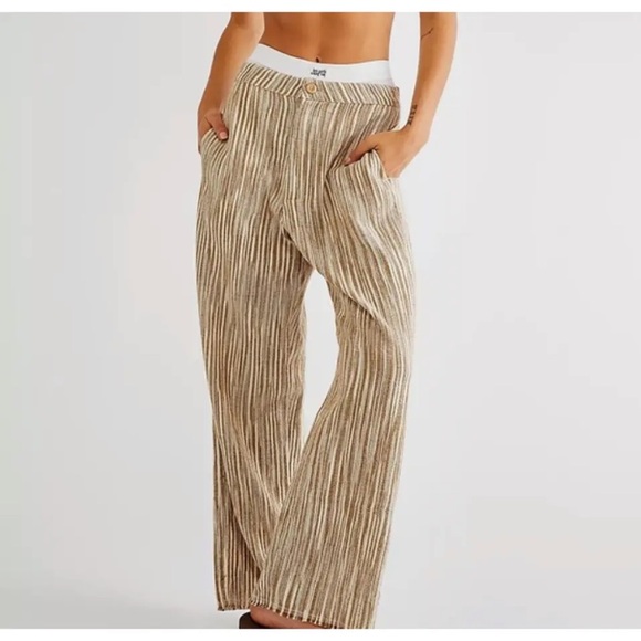 Free People Marta Yarn Stripe Dyed Trouser Pants-Brown/Ivory-8-Boho/Fringe Hem - Picture 1 of 7